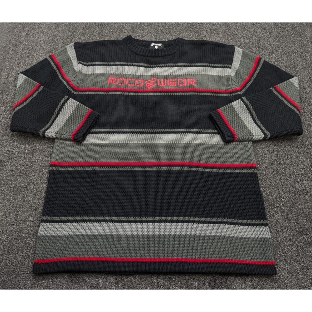 Rocawear Men's Black Red Striped Logo Y2K Heavy Knit Sweater Big & Tall Size 2XL